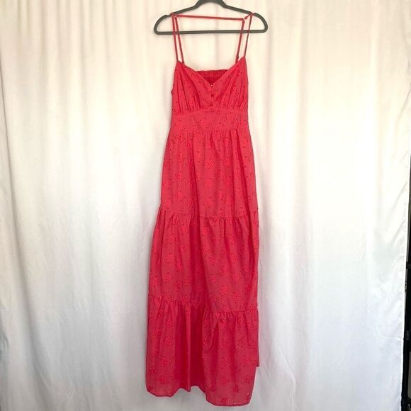 NWT KOKO + MASON Eyelet Maxi Dress Coral Pink Women’s L Tiered Ruffles Boho - Picture 1 of 10